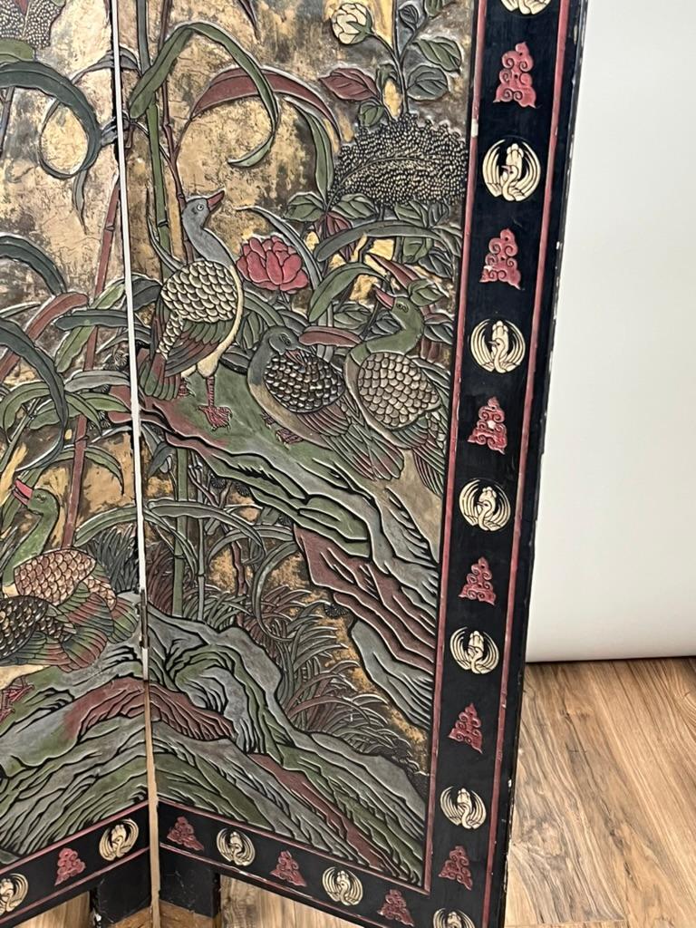 Ancienne Chinoiserie Laque Noire Paravent de Chambre Coromandel c. Fin du 19e siècle en vente 5