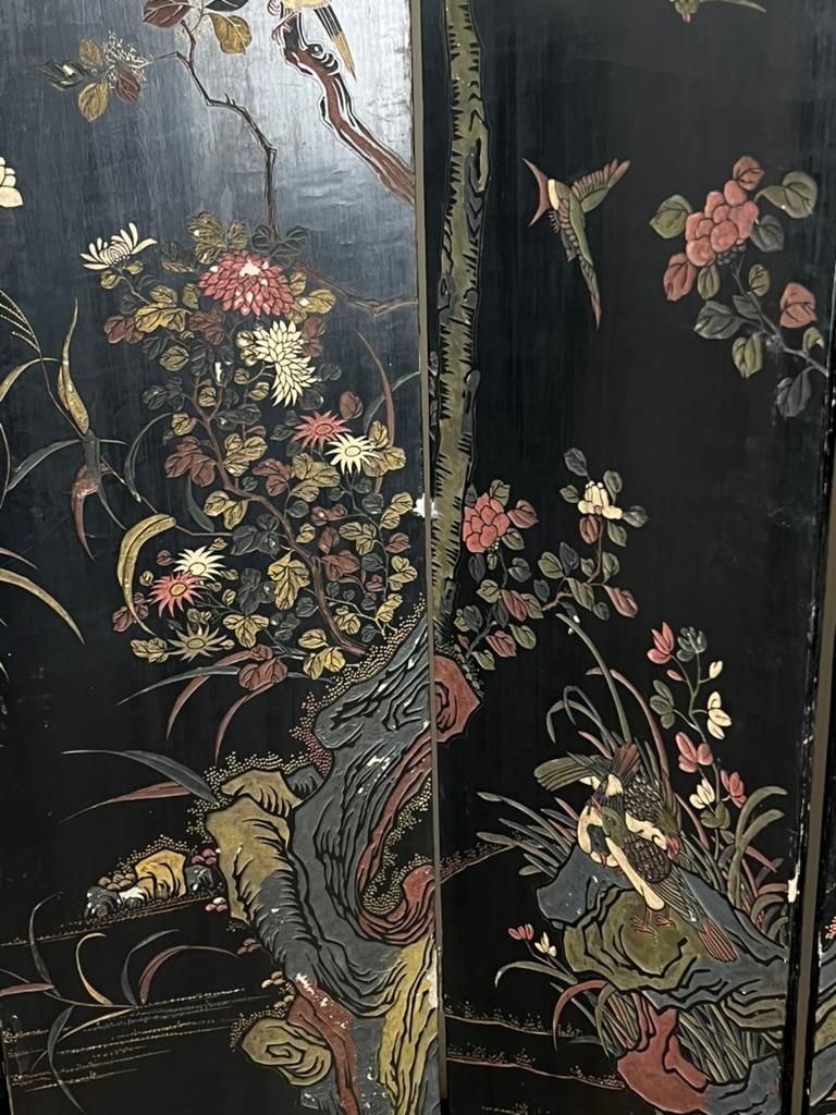 XIXe siècle Ancienne Chinoiserie Laque Noire Paravent de Chambre Coromandel c. Fin du 19e siècle en vente