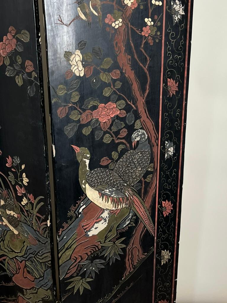 Composition Ancienne Chinoiserie Laque Noire Paravent de Chambre Coromandel c. Fin du 19e siècle en vente