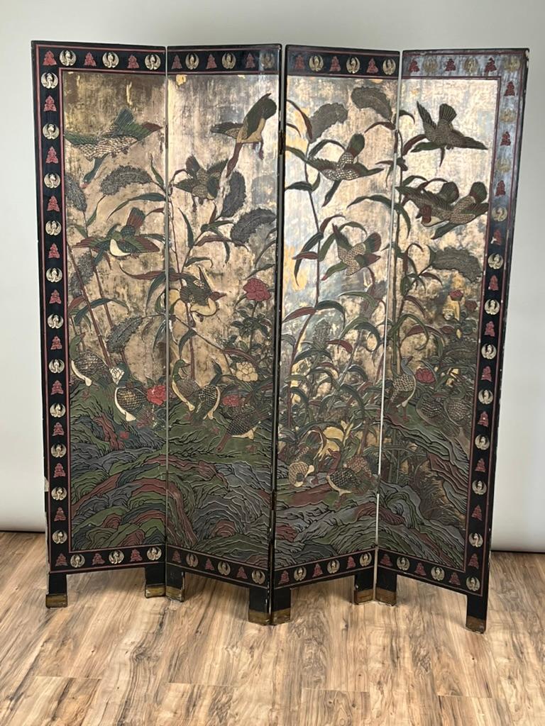 Ancienne Chinoiserie Laque Noire Paravent de Chambre Coromandel c. Fin du 19e siècle en vente 1