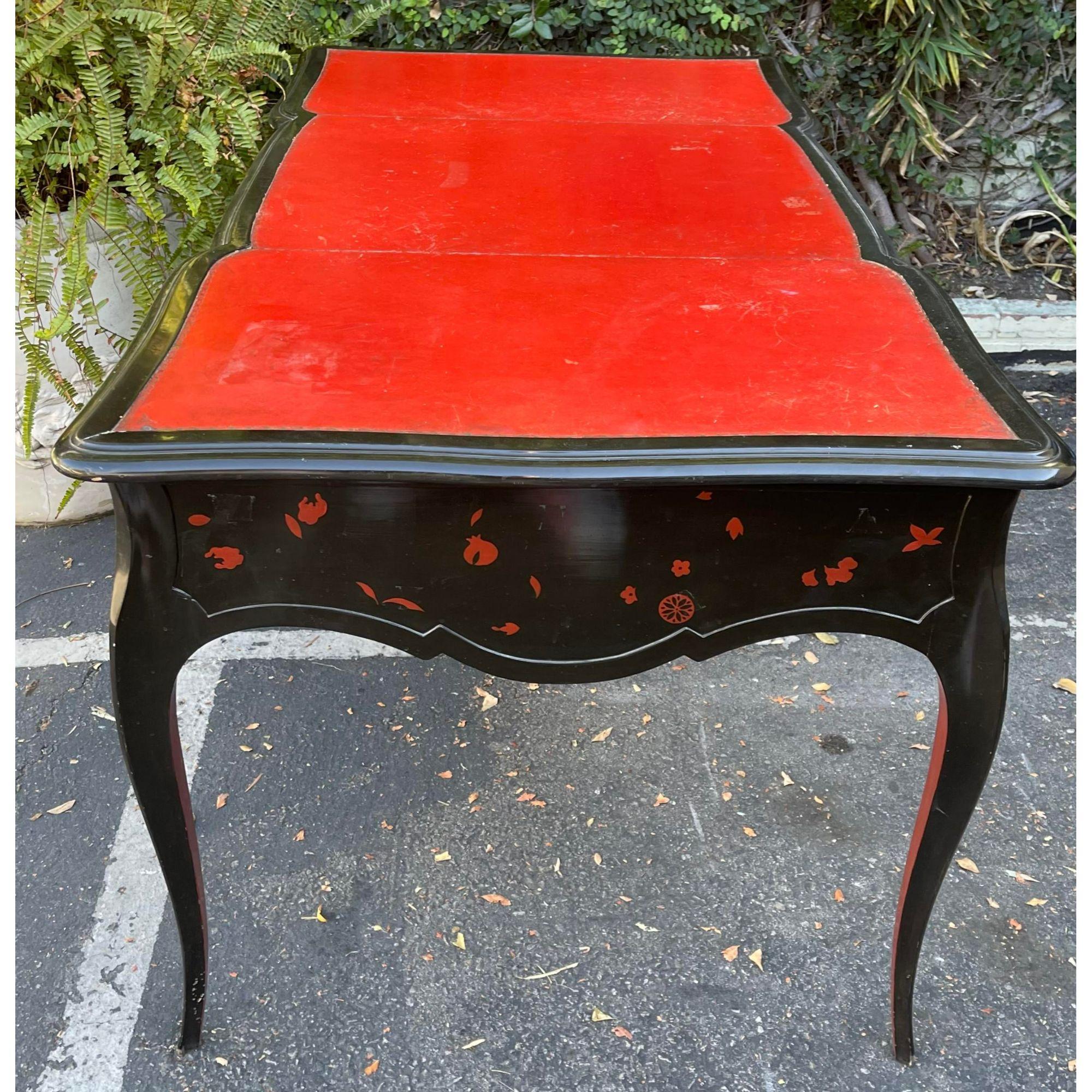Antique Chinoiserie black lacquer red leather bureau plat writing table desk

Additional information: 
Materials: LacquerLeatherWood
Color: Black
Period: 19th Century
Styles: Chinoiserie
Table Shape: Other (unique shapes)
Item Type: Vintage,