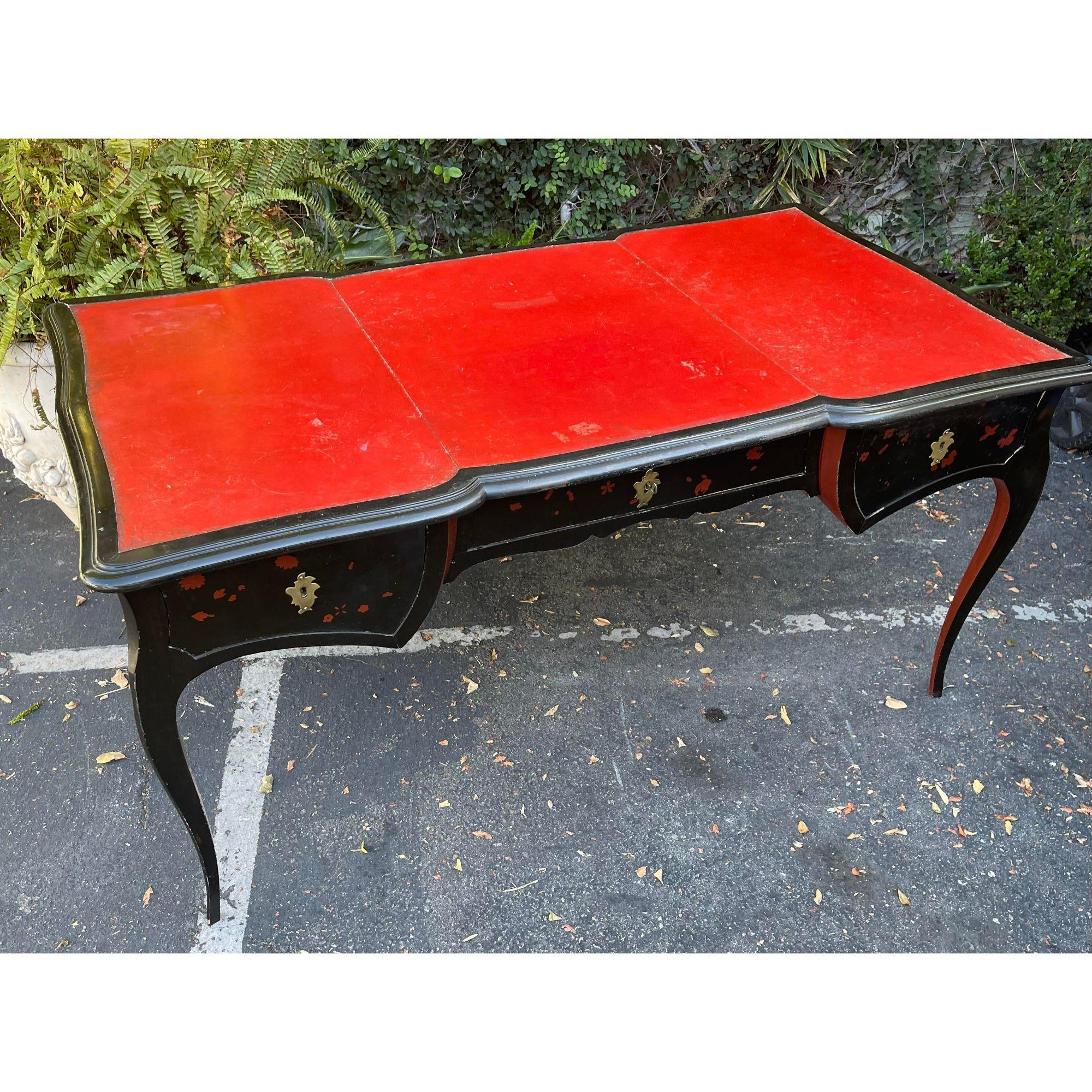 19th Century Antique Chinoiserie Black Lacquer Red Leather Bureau Plat Writing Table Desk For Sale