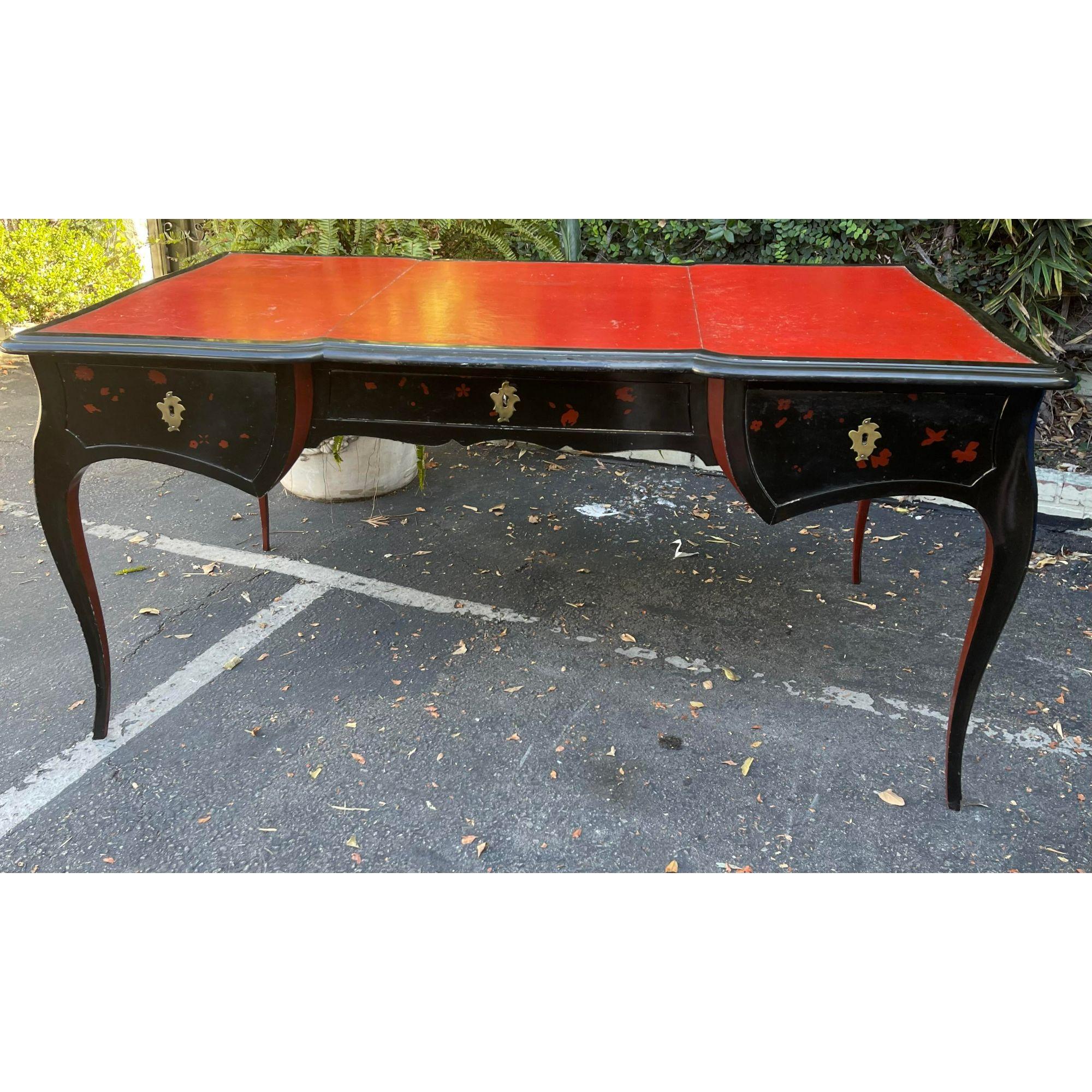 Antique Chinoiserie Black Lacquer Red Leather Bureau Plat Writing Table Desk For Sale 1
