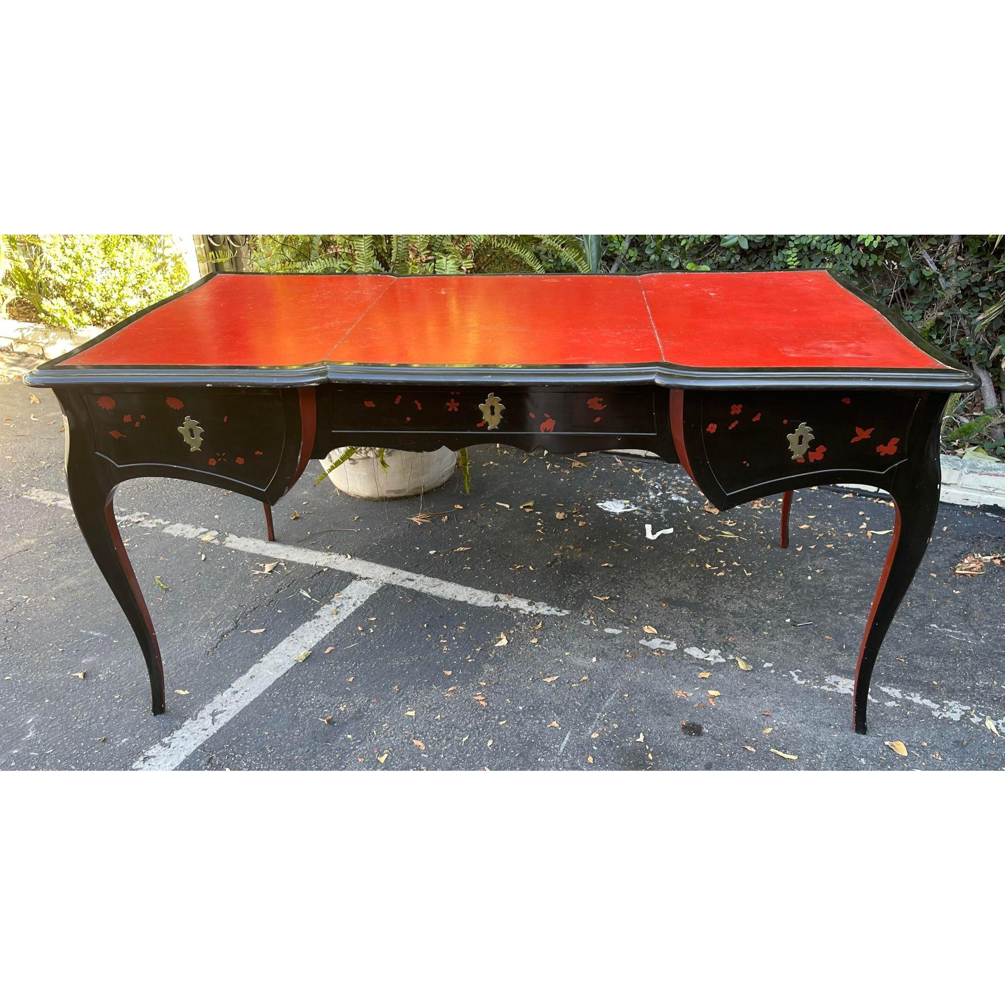 Antique Chinoiserie Black Lacquer Red Leather Bureau Plat Writing Table Desk For Sale 2