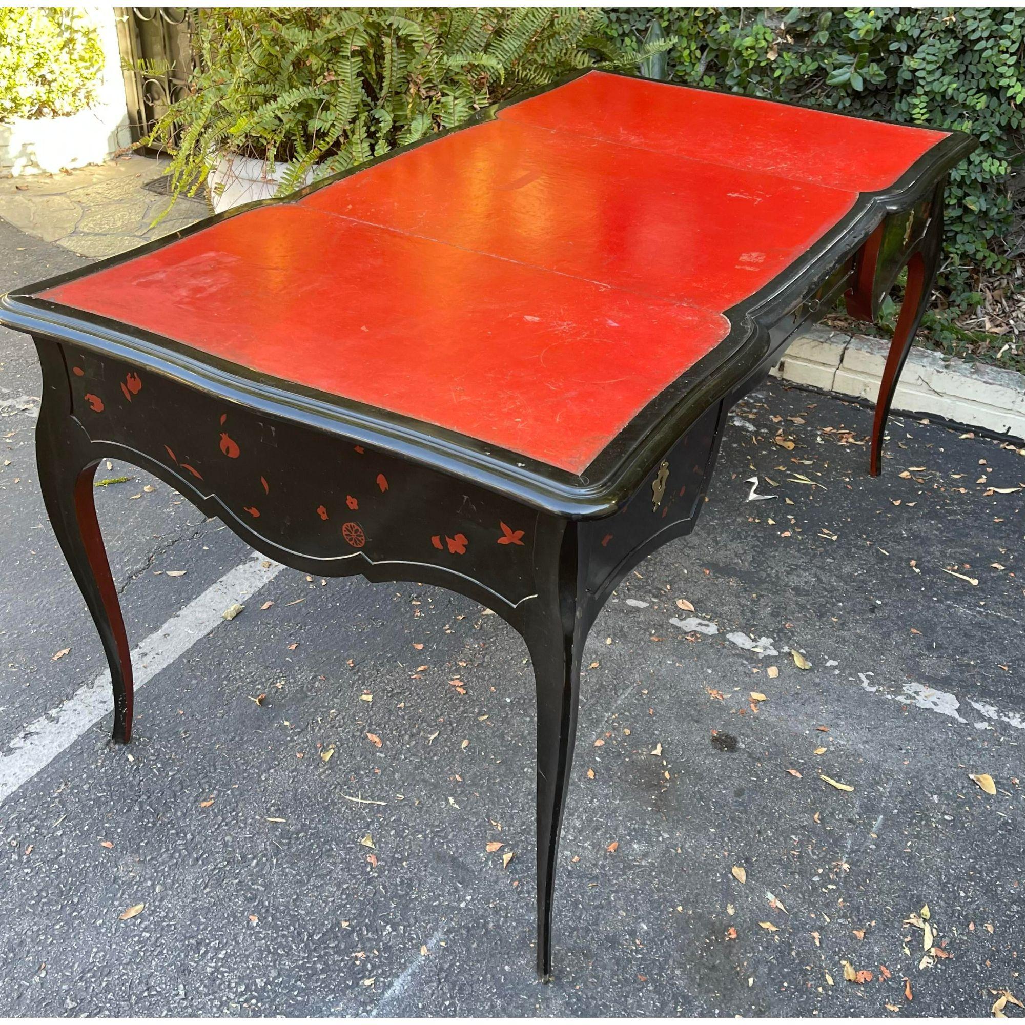 Antique Chinoiserie Black Lacquer Red Leather Bureau Plat Writing Table Desk For Sale 3