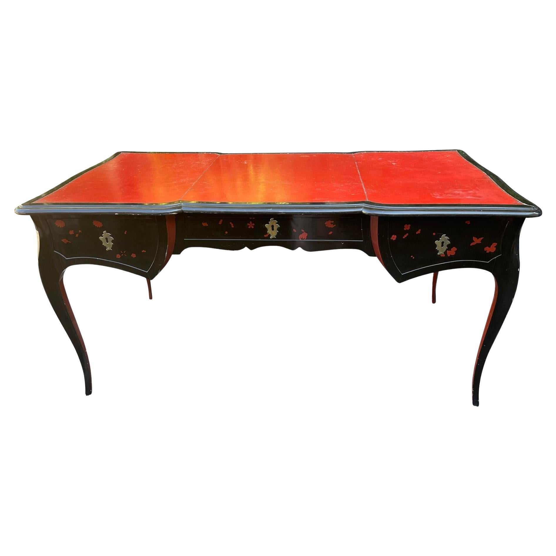 Antique Chinoiserie Black Lacquer Red Leather Bureau Plat Writing Table Desk For Sale