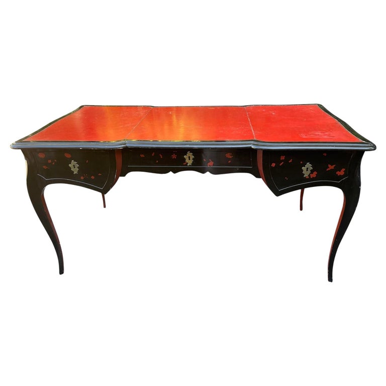 Antique Chinoiserie Black Lacquer Red Leather Bureau Plat Writing Table Desk For Sale at 1stDibs
