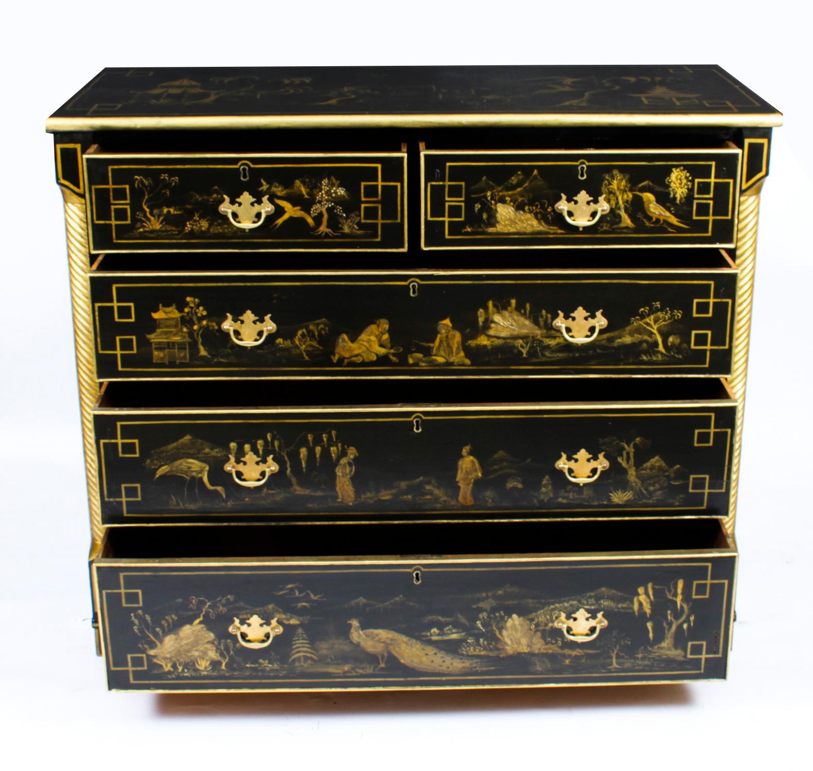 Antique Chinoiserie Black Lacquered Chest, 19th Century 8