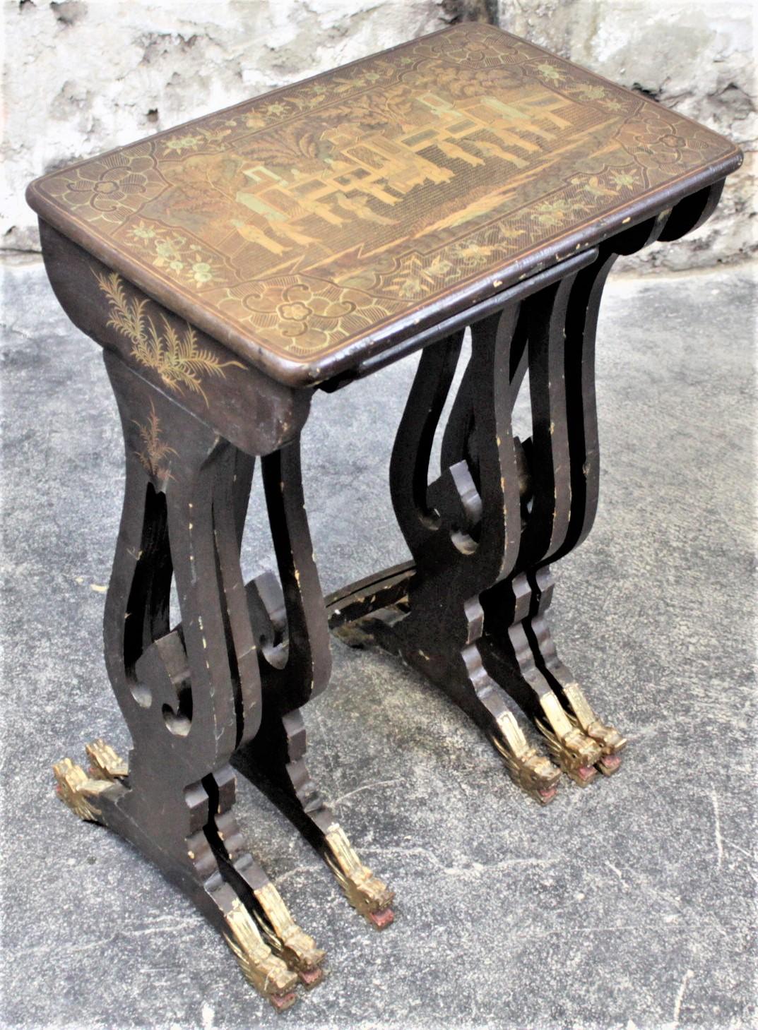 Antikes schwarz lackiertes Chinoiserie-Nesting-Tisch-Set mit geschnitzten Drachenfüßen im Angebot 6