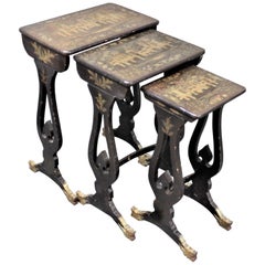 Antique Chinoiserie Black Lacquered Nesting Table Set with Carved Dragon Feet