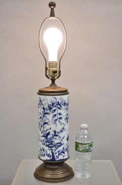 Antique Chinoiserie Blue and White Porcelain Jardiniere Bird & Vine Table Lamp