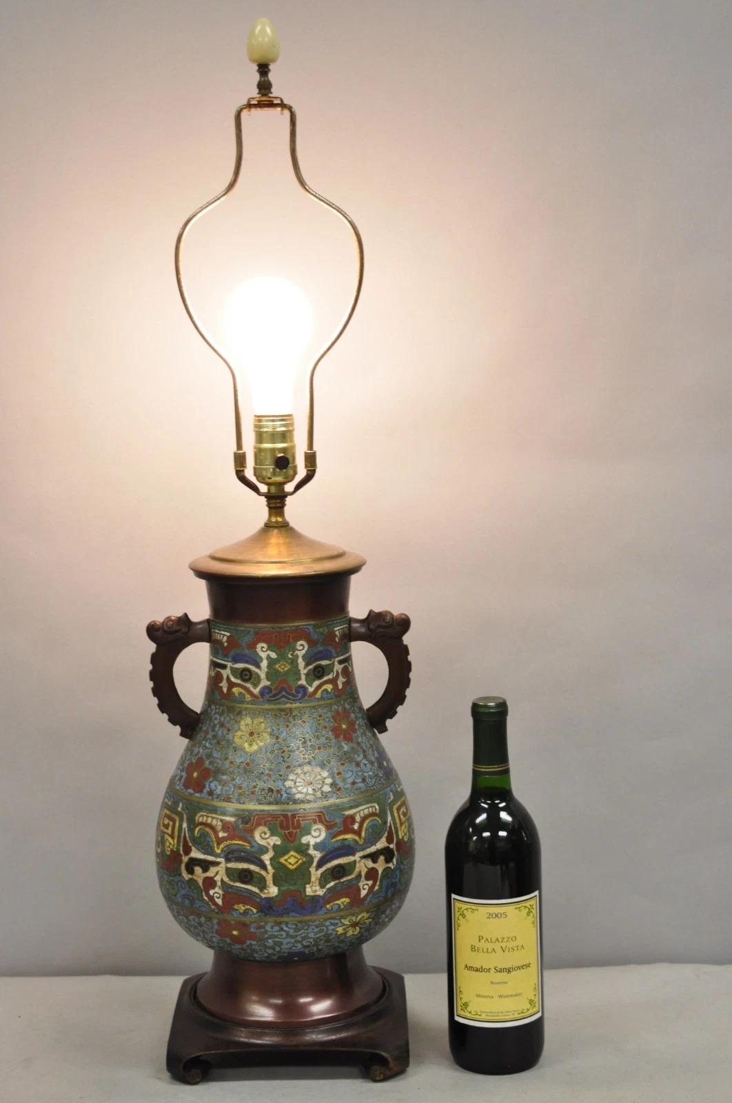 Antique Chinoiserie Blue Cloisonne Enamel Bronze Champleve Vase Table Lamp For Sale 5