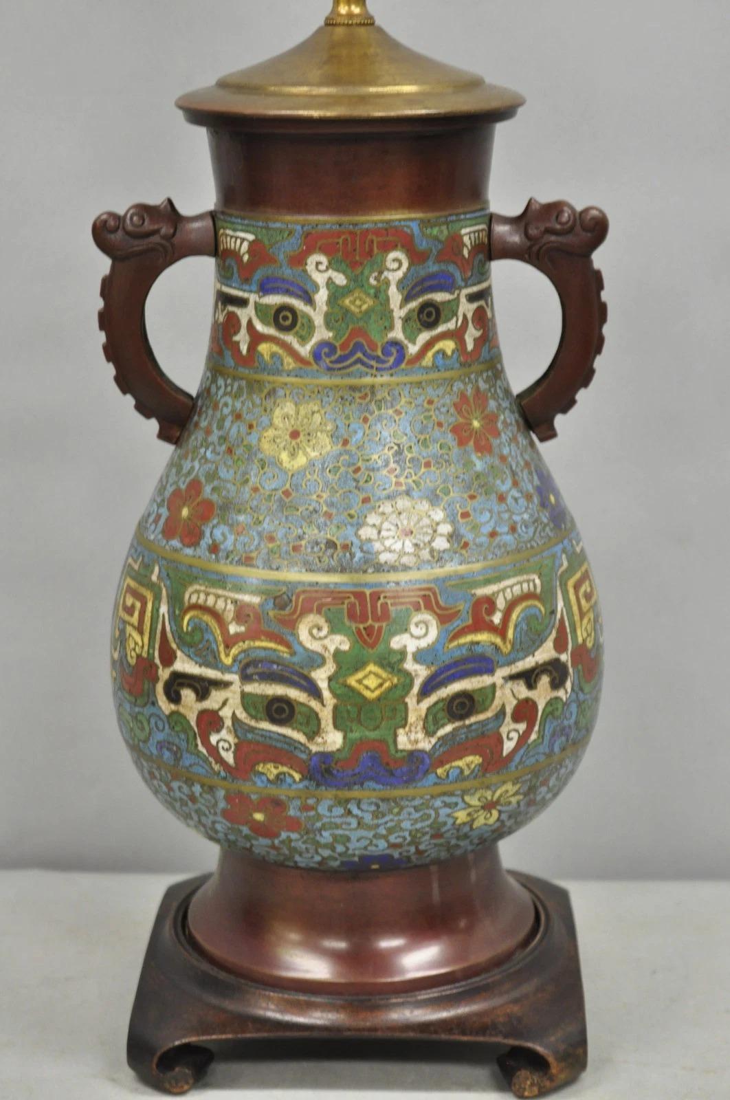 Antique Chinoiserie Blue Cloisonne Enamel Bronze Champleve Figural Twin Handle Vase Table Lamp. Circa Early 20th Century. Measurements: 32.5