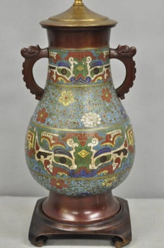 Antique Chinoiserie Blue Cloisonne Enamel Bronze Champleve Vase Table Lamp