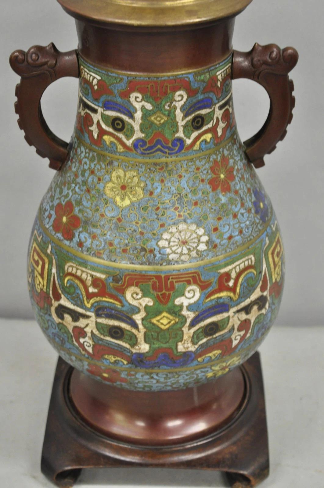 Unknown Antique Chinoiserie Blue Cloisonne Enamel Bronze Champleve Vase Table Lamp For Sale