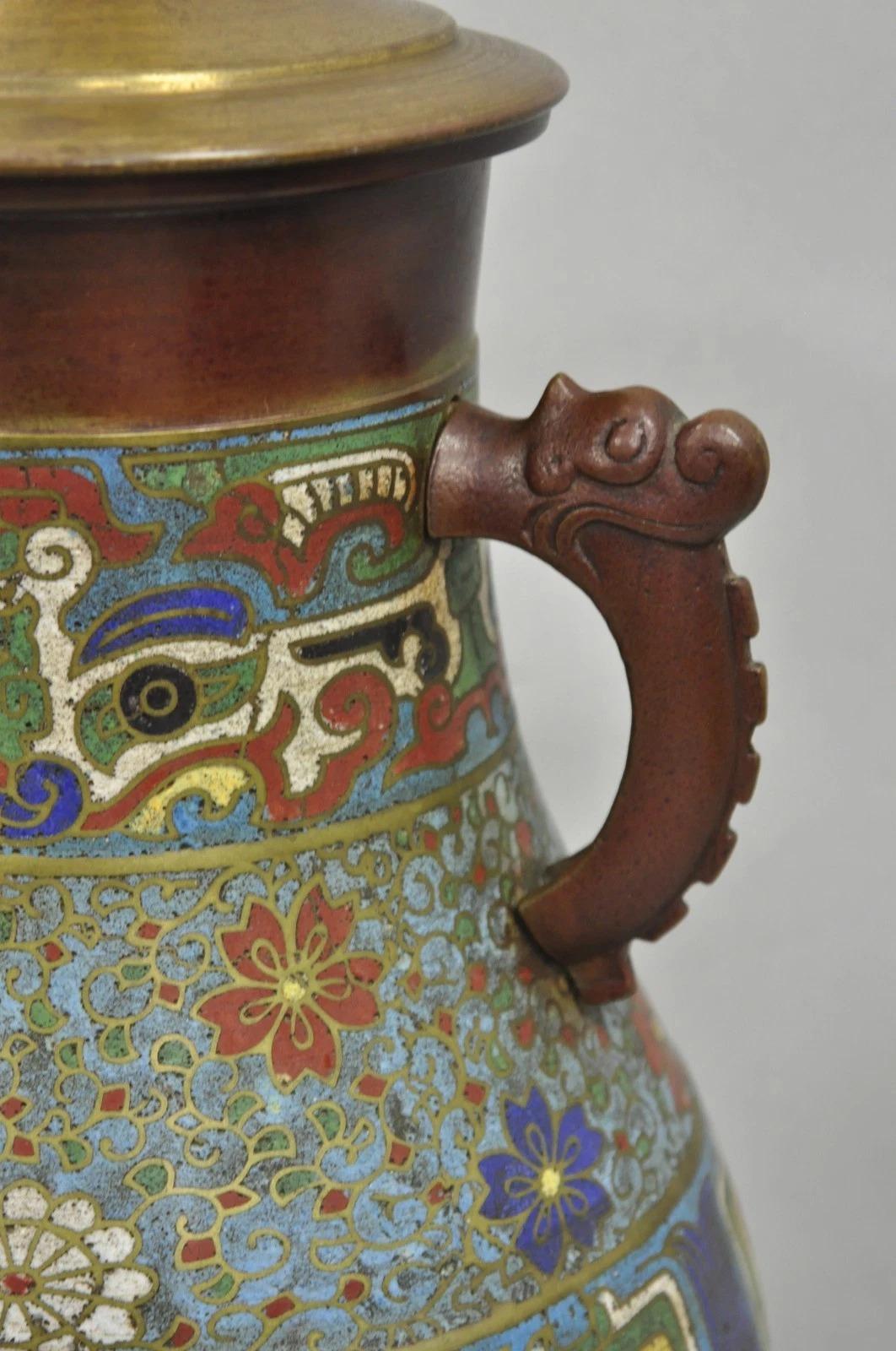 20th Century Antique Chinoiserie Blue Cloisonne Enamel Bronze Champleve Vase Table Lamp For Sale