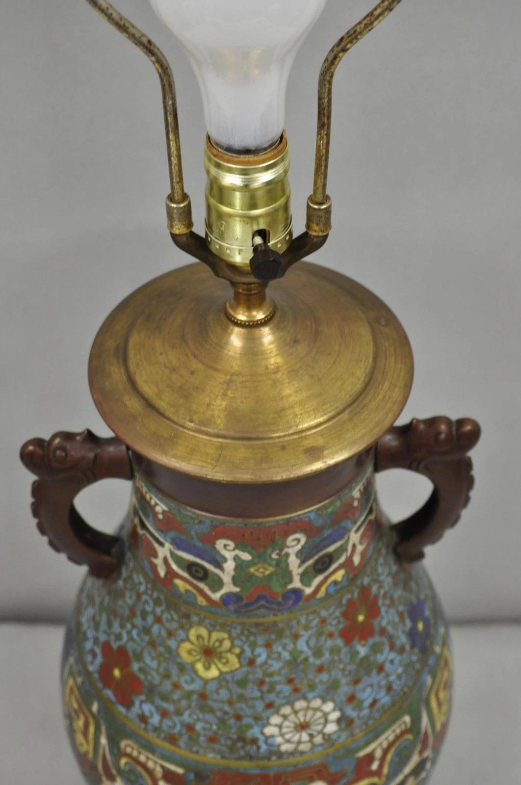 Antique Chinoiserie Blue Cloisonne Enamel Bronze Champleve Vase Table Lamp For Sale 3