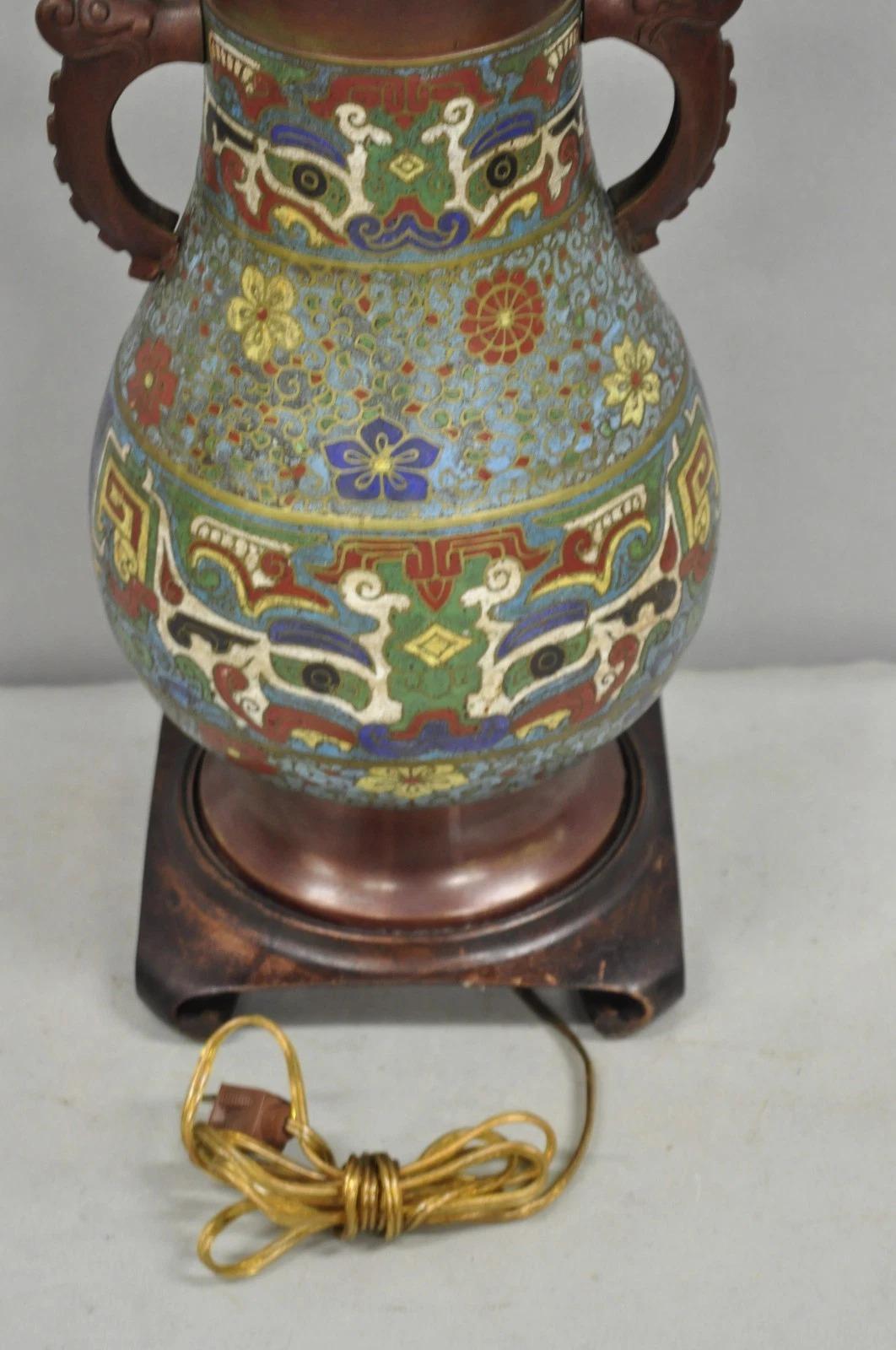 Antique Chinoiserie Blue Cloisonne Enamel Bronze Champleve Vase Table Lamp For Sale 4