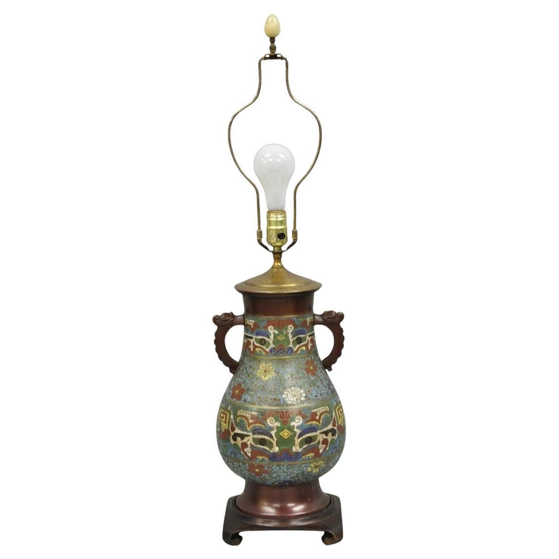 Antique Chinoiserie Blue Cloisonne Enamel Bronze Champleve Vase Table Lamp