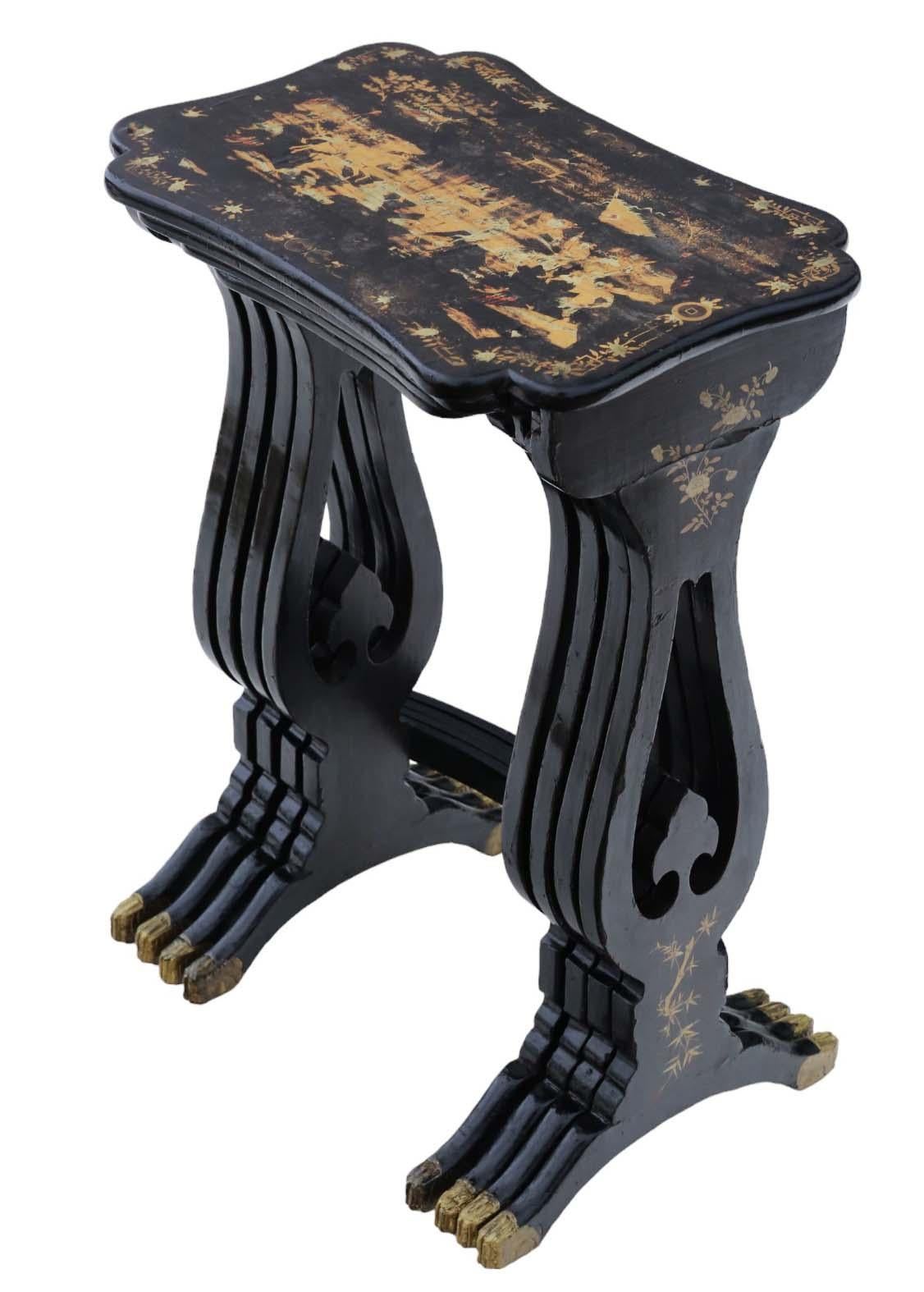 Antique fine quality Chinoiserie Boulle-work black lacquer nest of 4 19th Century tables.
 
Very attractive, with lovely proportions and styling. A rare find.
 
No loose joints or woodworm.
Overall maximum dimensions:

50cmW x 34cmD x 70cm high,