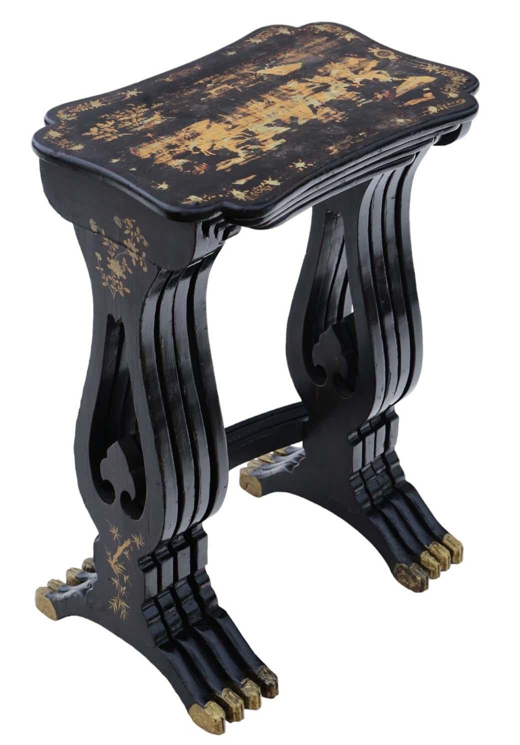 Antique Chinoiserie Boulle-work black lacquer nest of 4 19th Century tables In Good Condition For Sale In Wisbech, Cambridgeshire