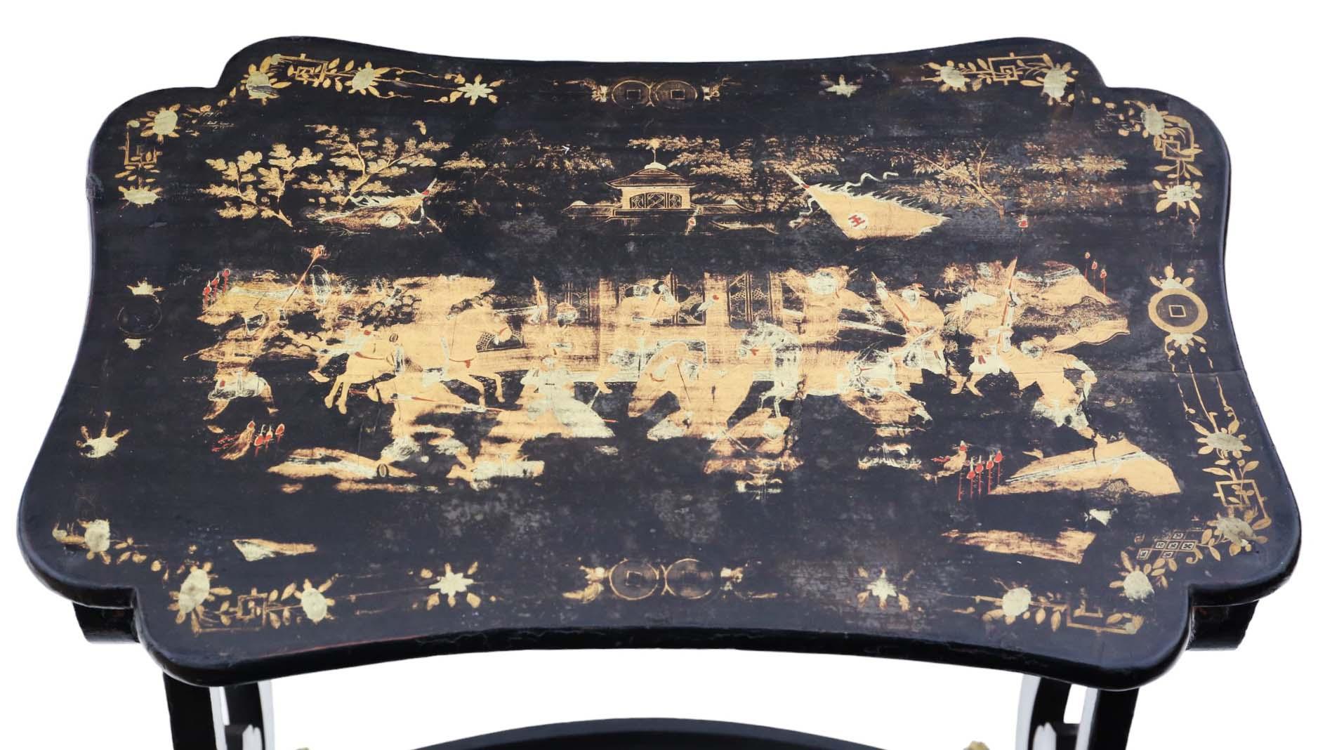 Wood Antique Chinoiserie Boulle-work black lacquer nest of 4 19th Century tables For Sale