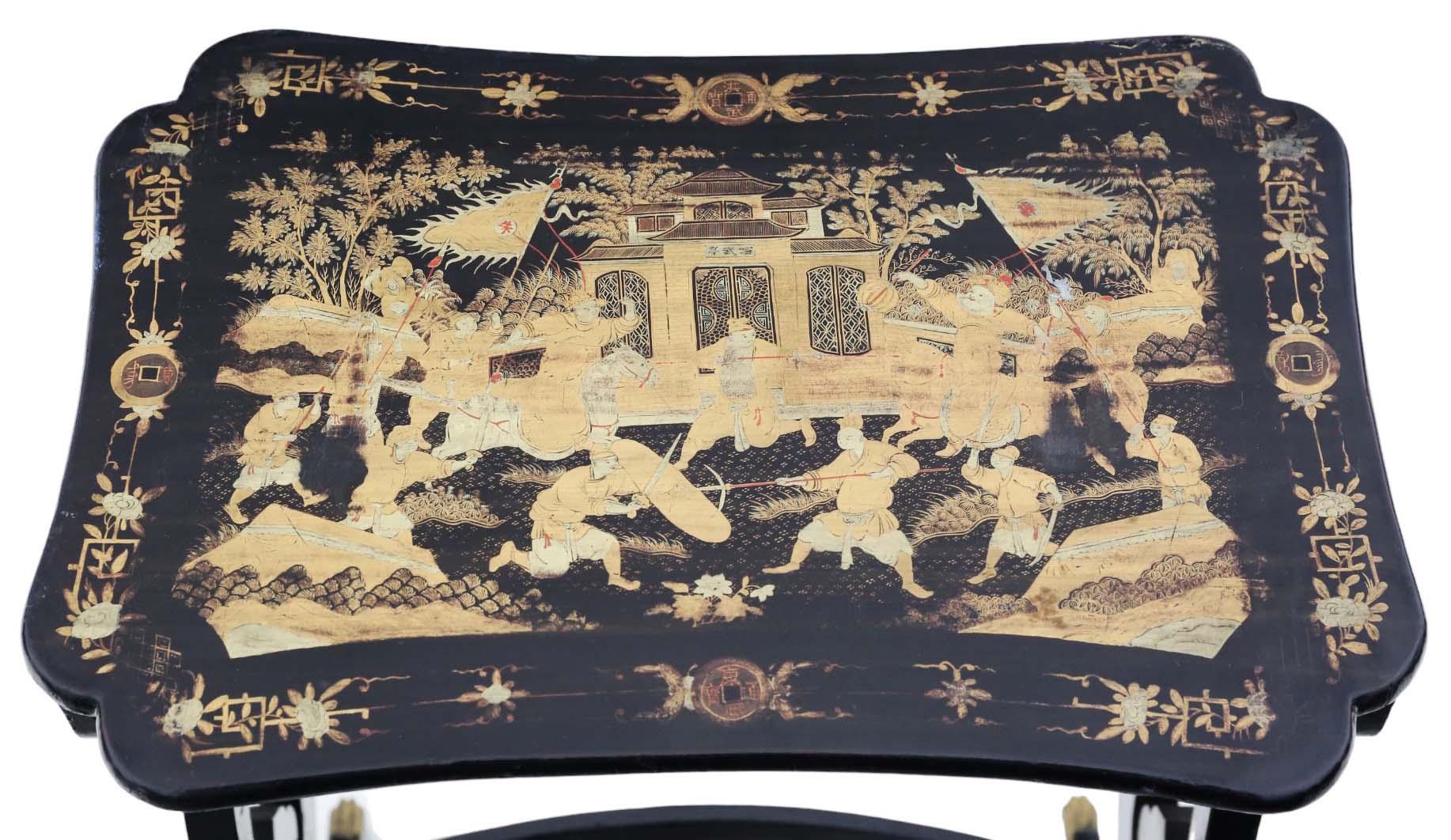Antike Chinoiserie-Tische aus schwarzem Lack mit Boulle-Arbeiten aus dem 19. Jahrhundert, 4er-Stil im Angebot 1