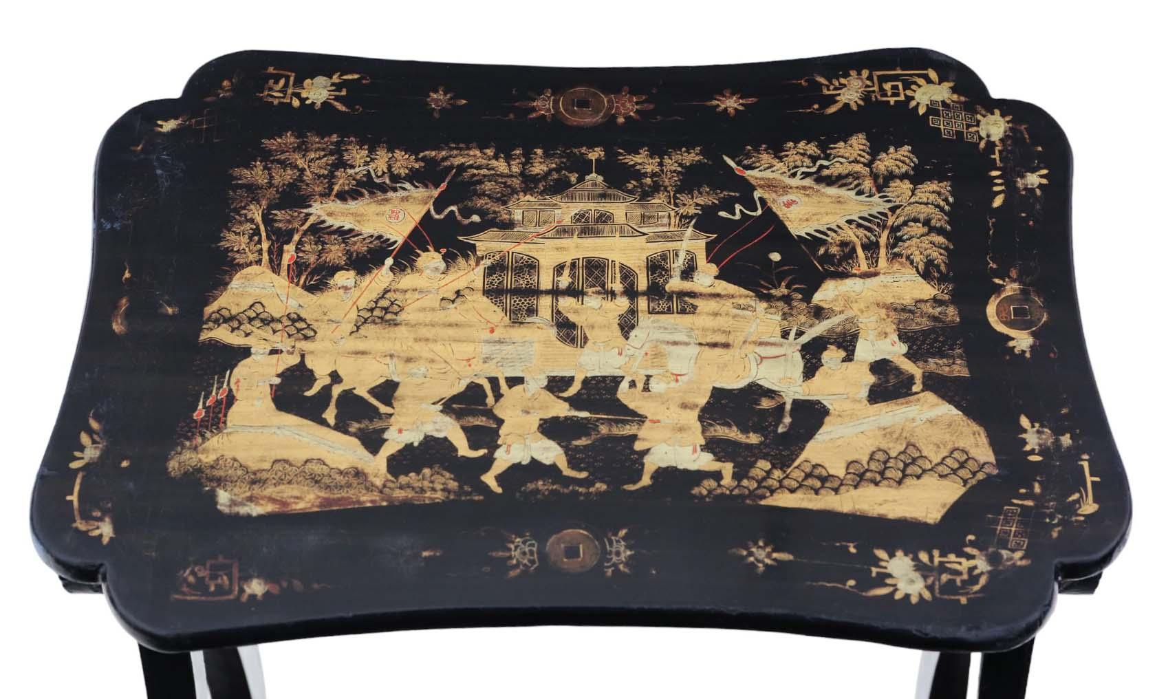 Antike Chinoiserie-Tische aus schwarzem Lack mit Boulle-Arbeiten aus dem 19. Jahrhundert, 4er-Stil im Angebot 2
