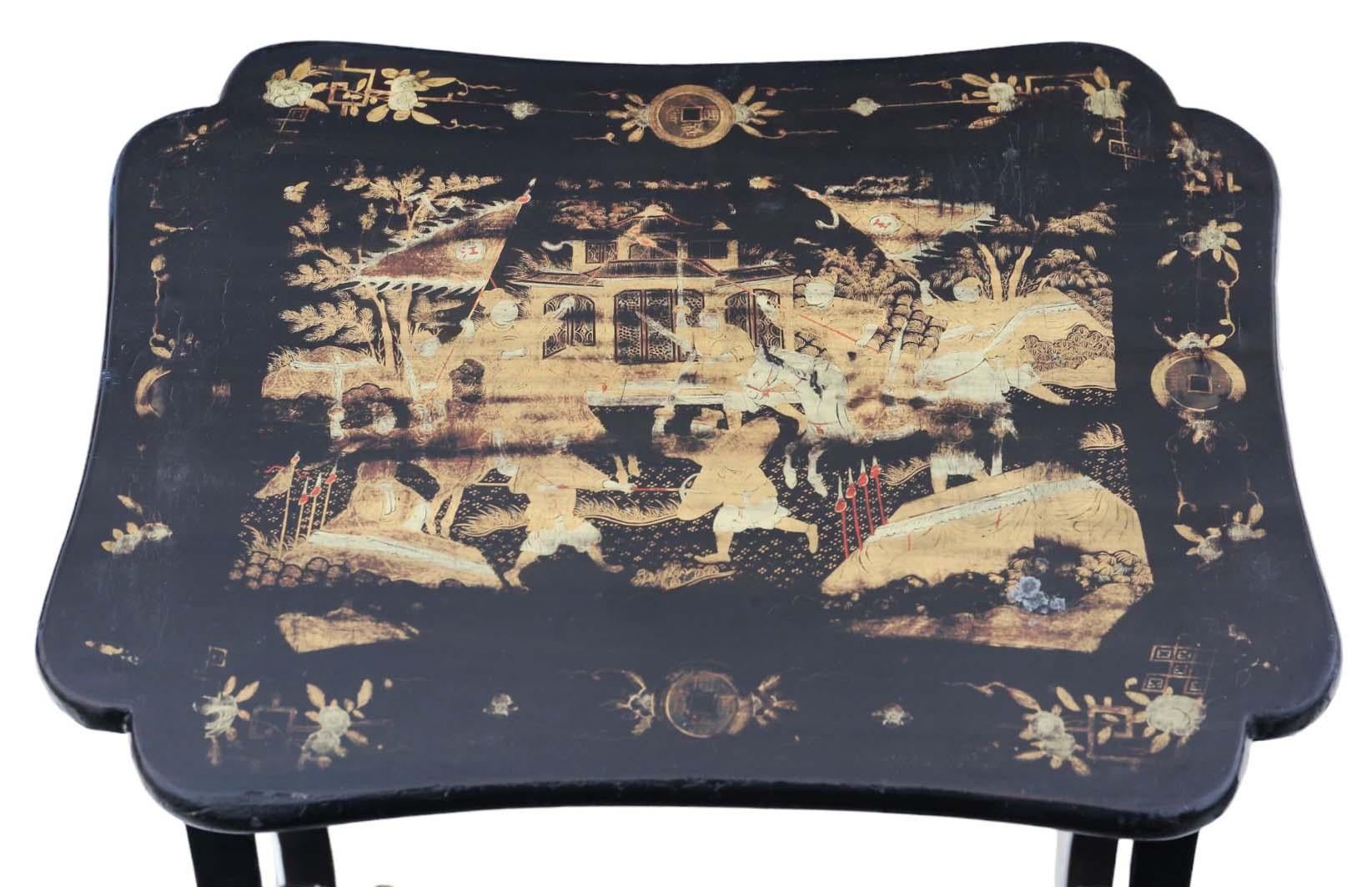 Antike Chinoiserie-Tische aus schwarzem Lack mit Boulle-Arbeiten aus dem 19. Jahrhundert, 4er-Stil im Angebot 3