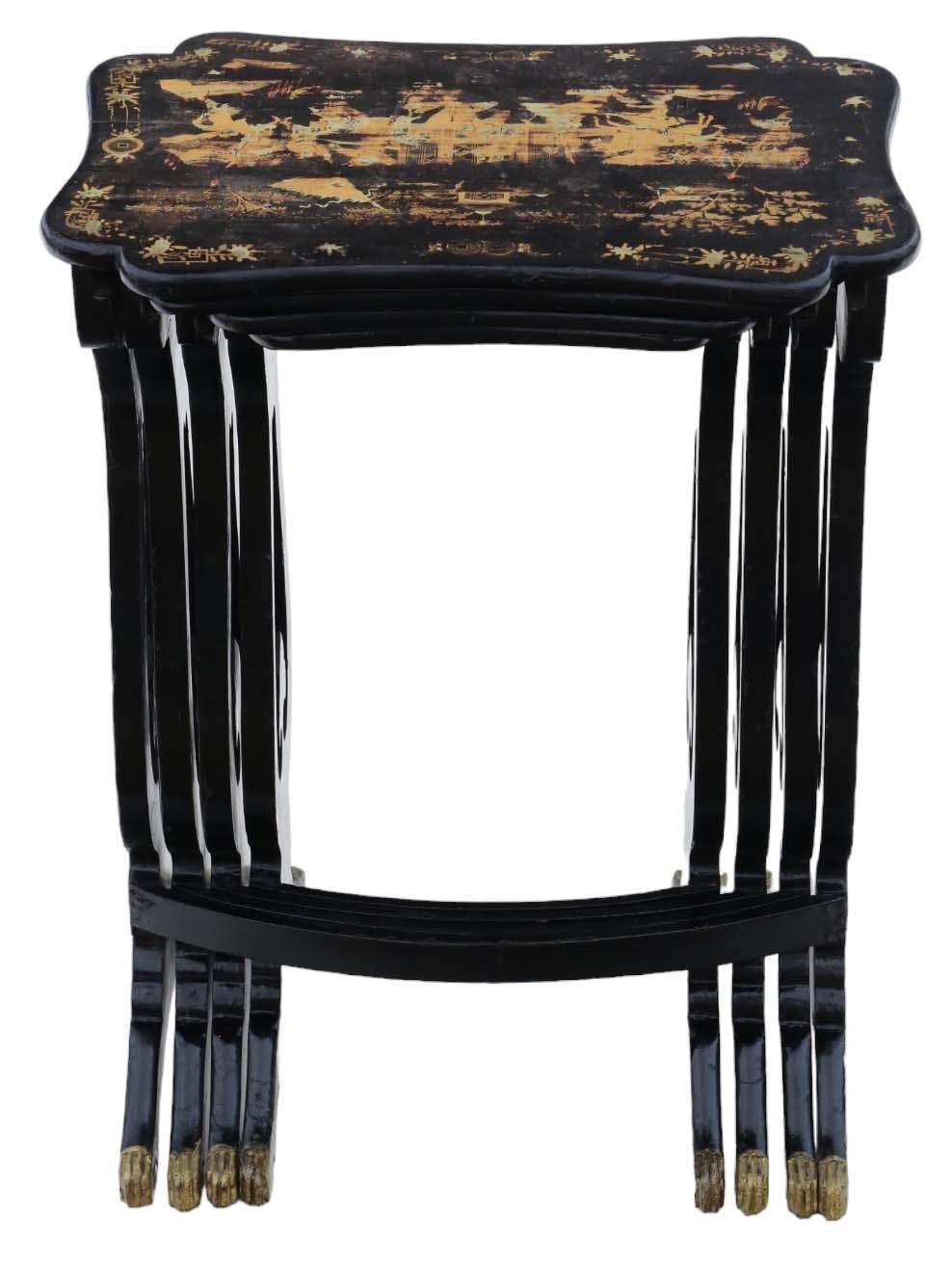 Antique Chinoiserie Boulle-work black lacquer nest of 4 19th Century tables For Sale 4