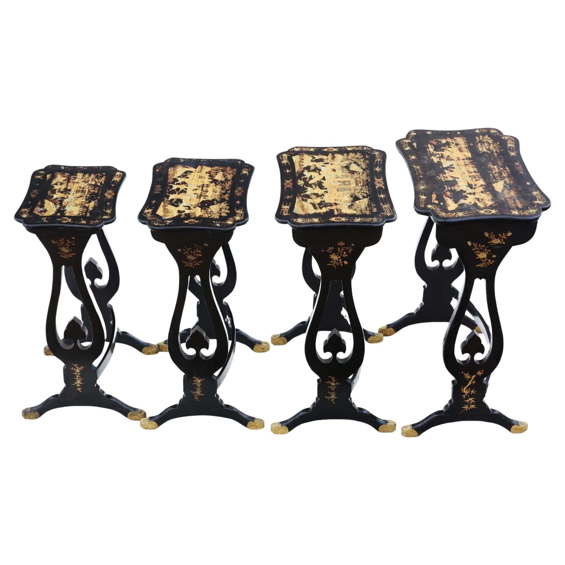 Antique Chinoiserie Boulle-work black lacquer nest of 4 19th Century tables For Sale