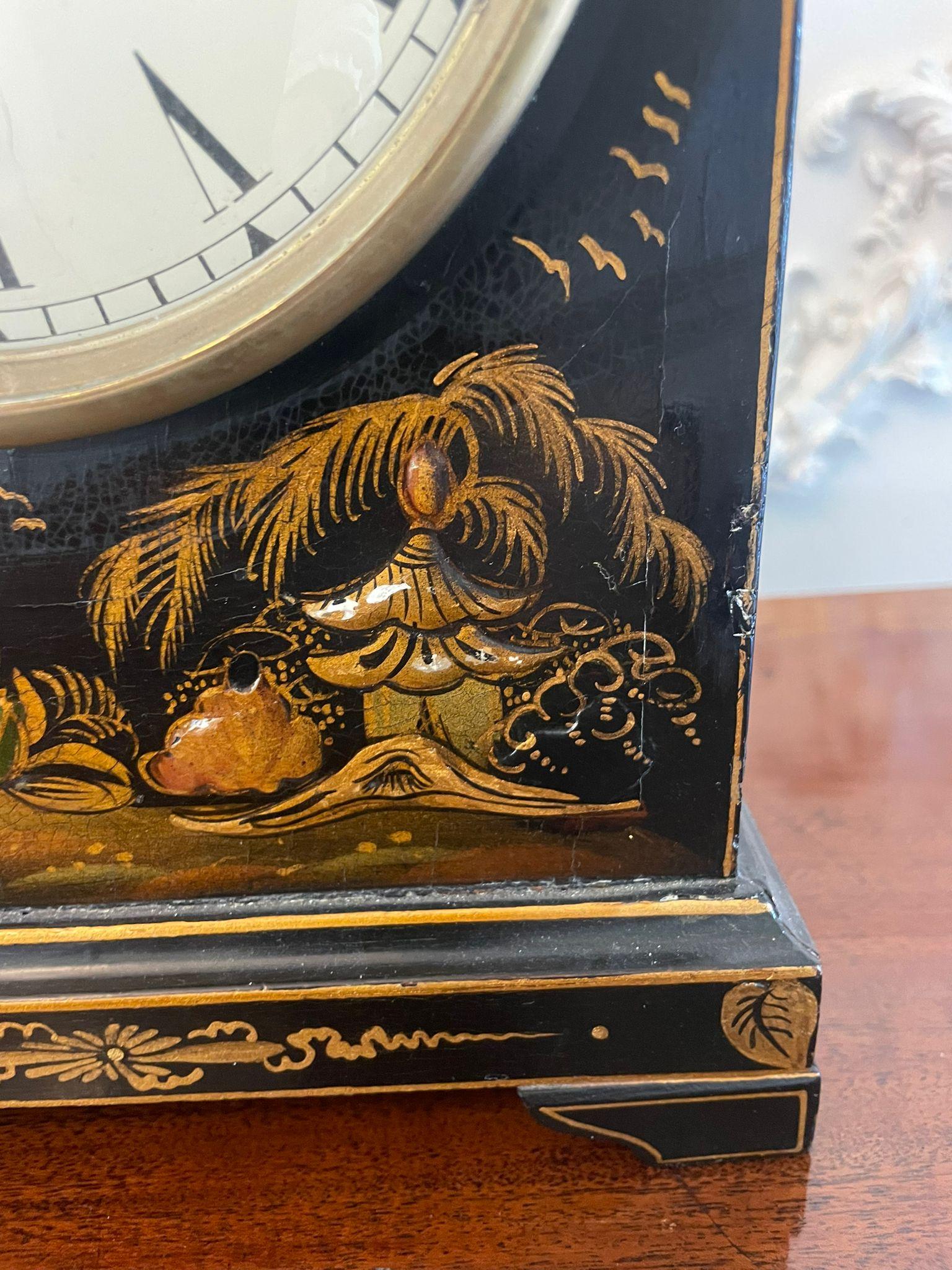 Antique chinoiserie cased dome topped mantle clock having a circular dial and twin chain movement, beautiful lacquered case with an 8 day movement. 


Perfect working order and original key.


Dimensions:
Height 29.5 cm (11.61 in)
Width 21.5 cm