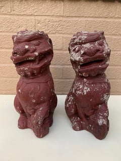 Antique Chinoiserie Cast Stone Garden Foo Dog Statues, Pair