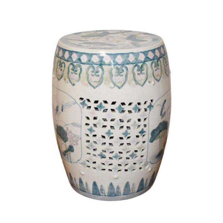 Southeast Asian Antique Chinoiserie Ceramic Garden Stool with Pink Blue and Green Lotus Motif 