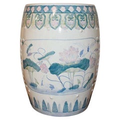 Antique Chinoiserie Ceramic Garden Stool with Pink Blue and Green Lotus Motif