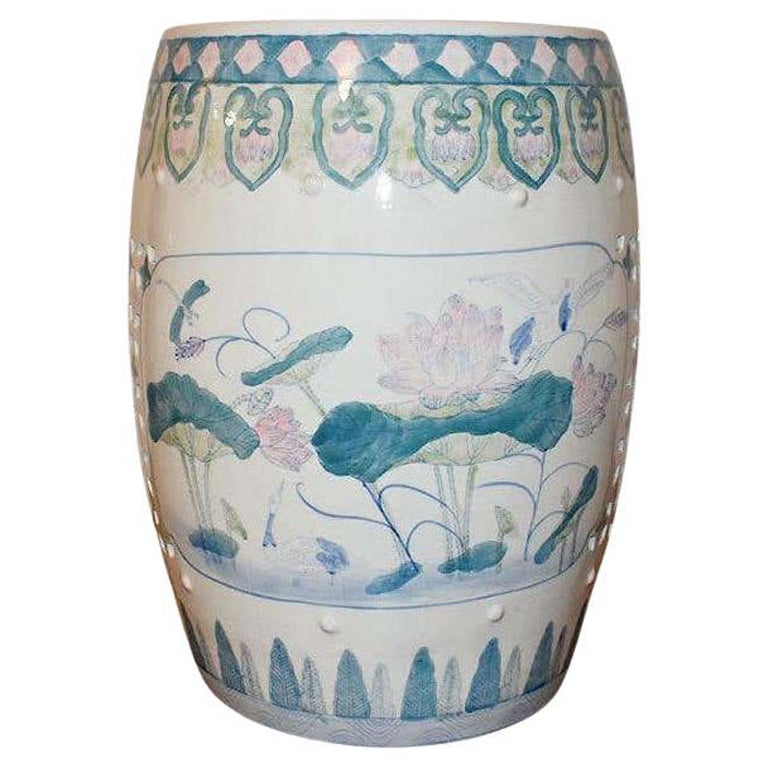 Antique Chinoiserie Ceramic Garden Stool with Pink Blue and Green Lotus  Motif