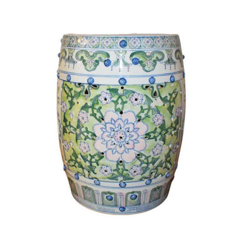 Southeast Asian Antique Chinoiserie Ceramic Garden Stool with Pink Lotus Motif and Handles