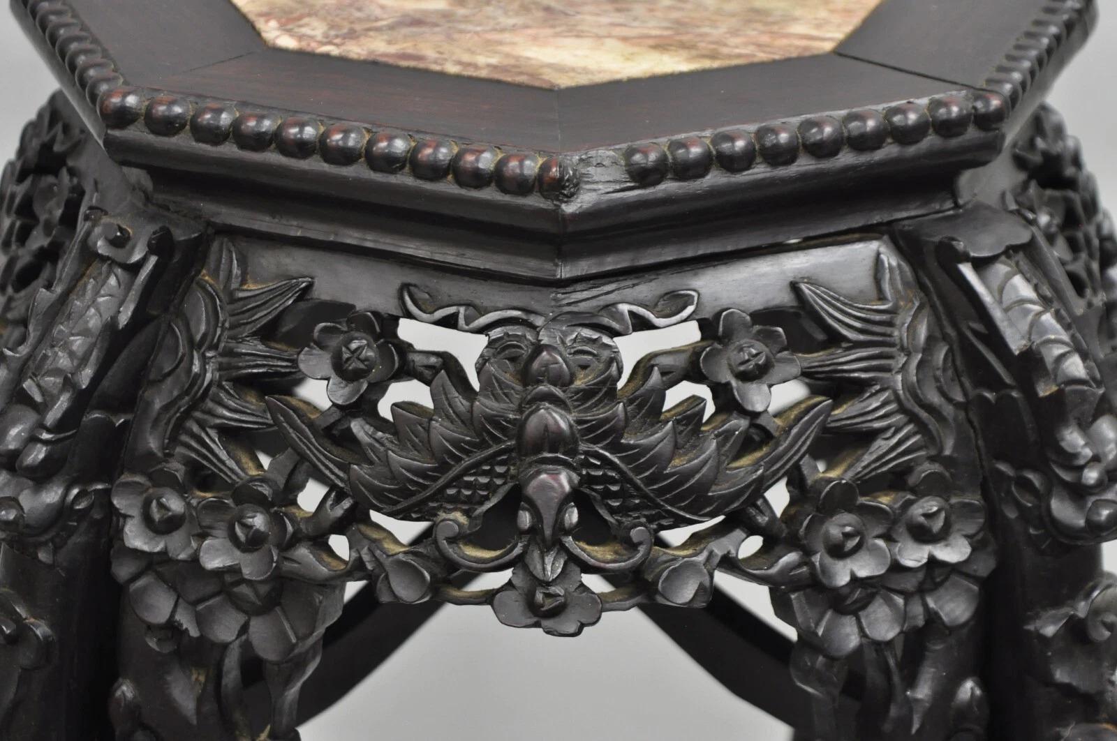 Antique Chinoiserie Chinese Carved Hardwood Marble Top 36
