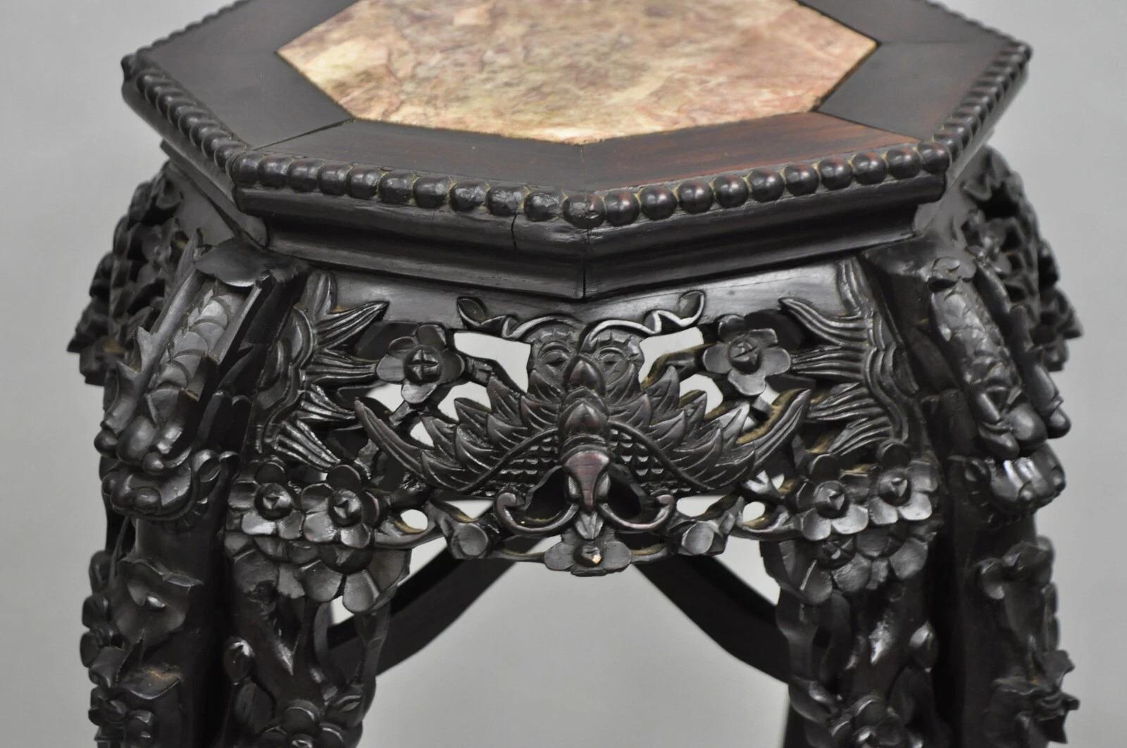 Chinoiseries Antique Chinoiserie Chinese Carved Hardwood Marble Top 36