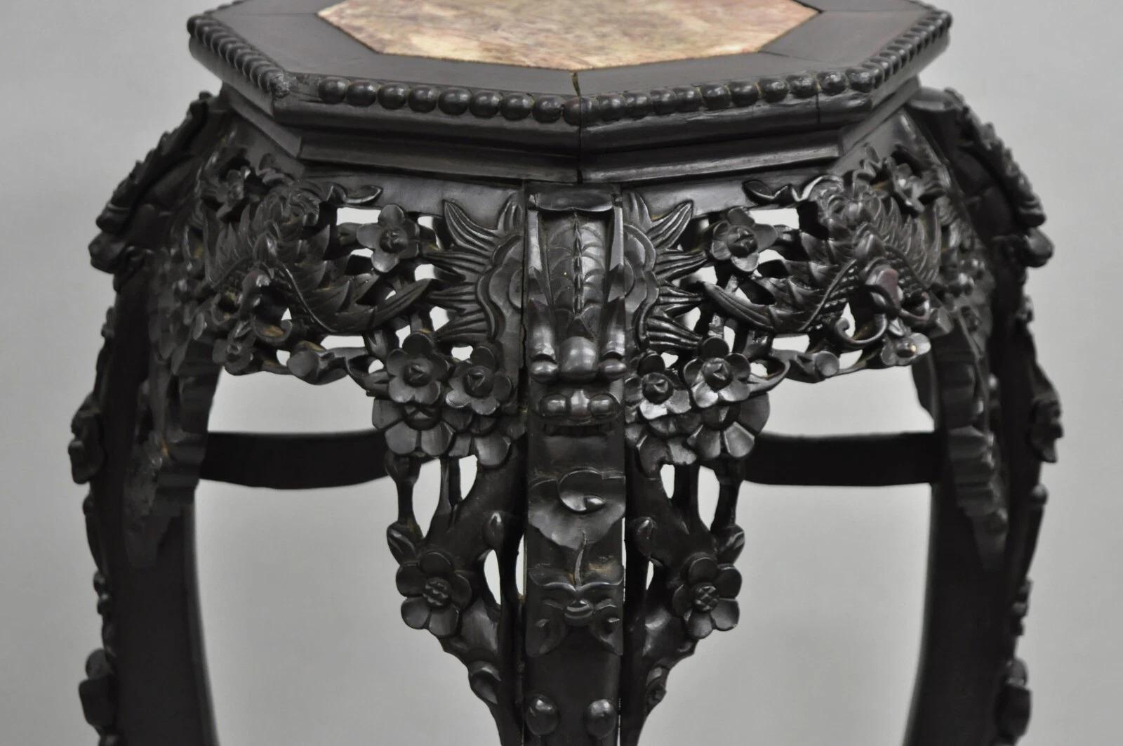 Inconnu Antique Chinoiserie Chinese Carved Hardwood Marble Top 36