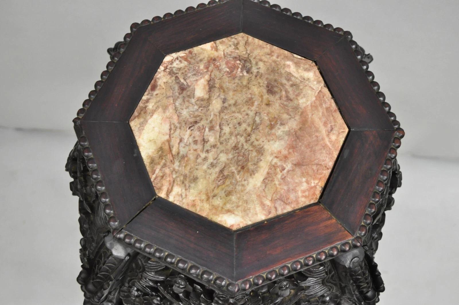 20ième siècle Antique Chinoiserie Chinese Carved Hardwood Marble Top 36
