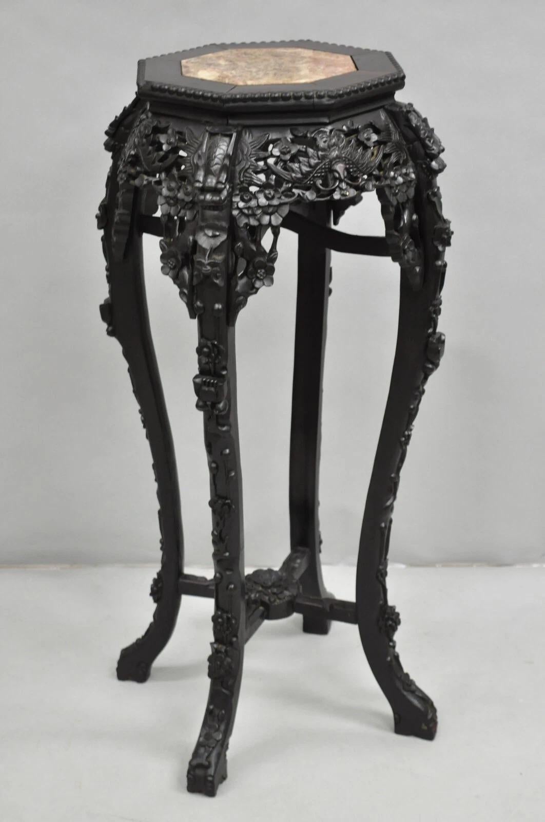 Antique Chinoiserie Chinese Carved Hardwood Marble Top 36