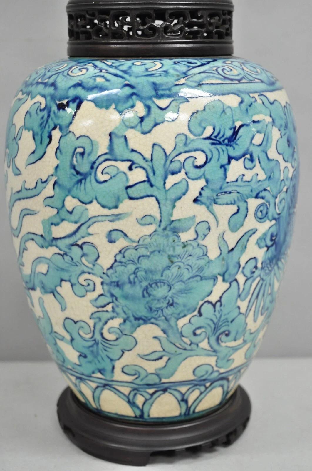 Antique Chinoiserie Chinese Porcelain Blue Ginger Jar Oriental Table Lamp in vendita 4