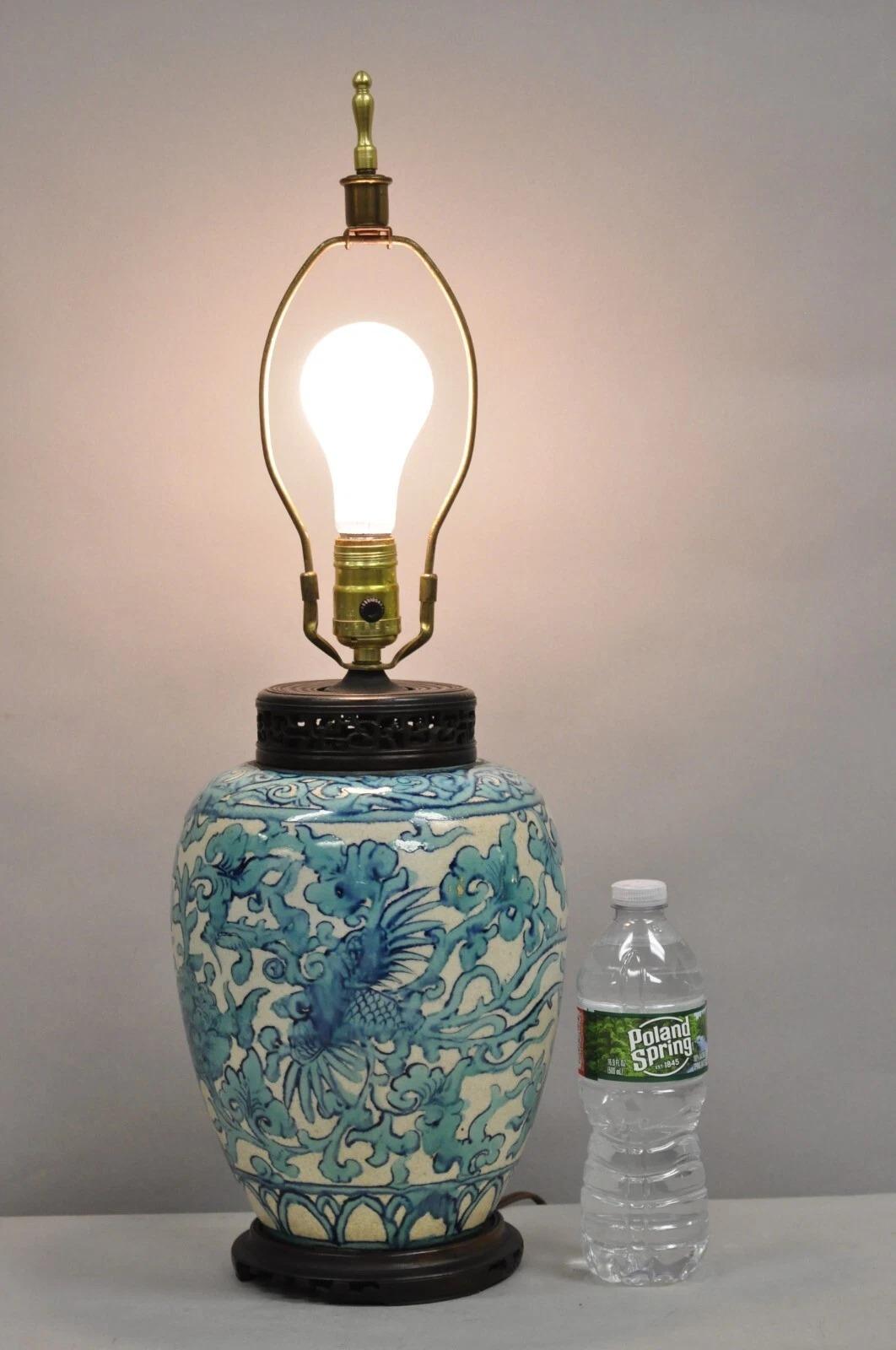 Antique Chinoiserie Chinese Porcelain Blue Ginger Jar Paint Decorated Table Lamp. Circa Early 20th Century. Measurements: 25