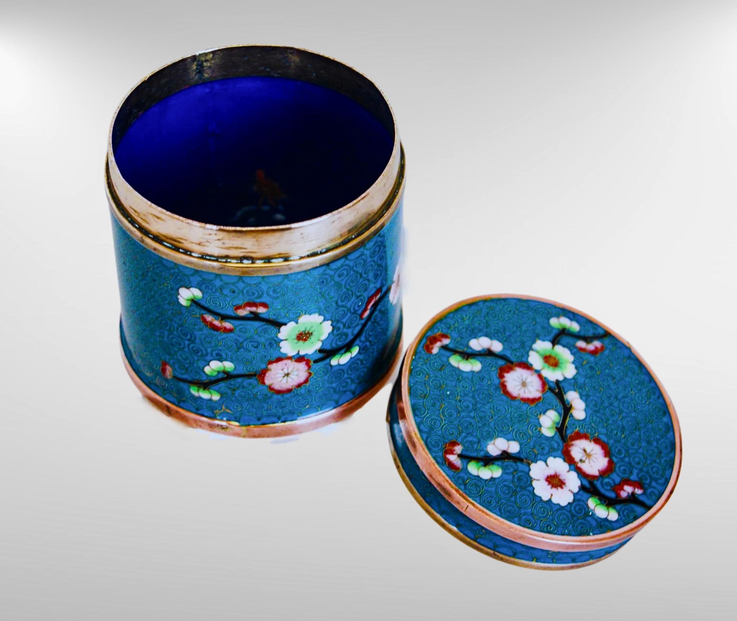 Antique Chinoiserie Cloisonné on Copper and Brass Enamel Lidded Storage Jar 3
