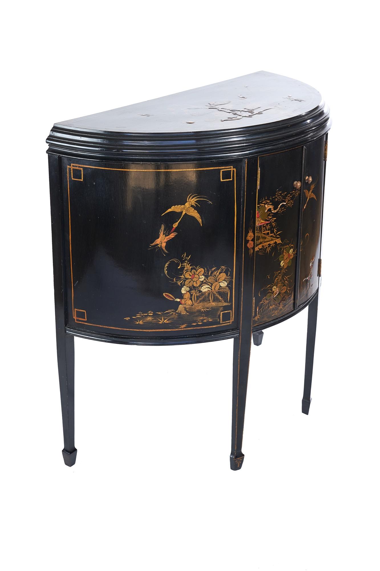 Antique Chinoiserie Decorated Demi Lune Shaped Two Door Side Cabinet 1