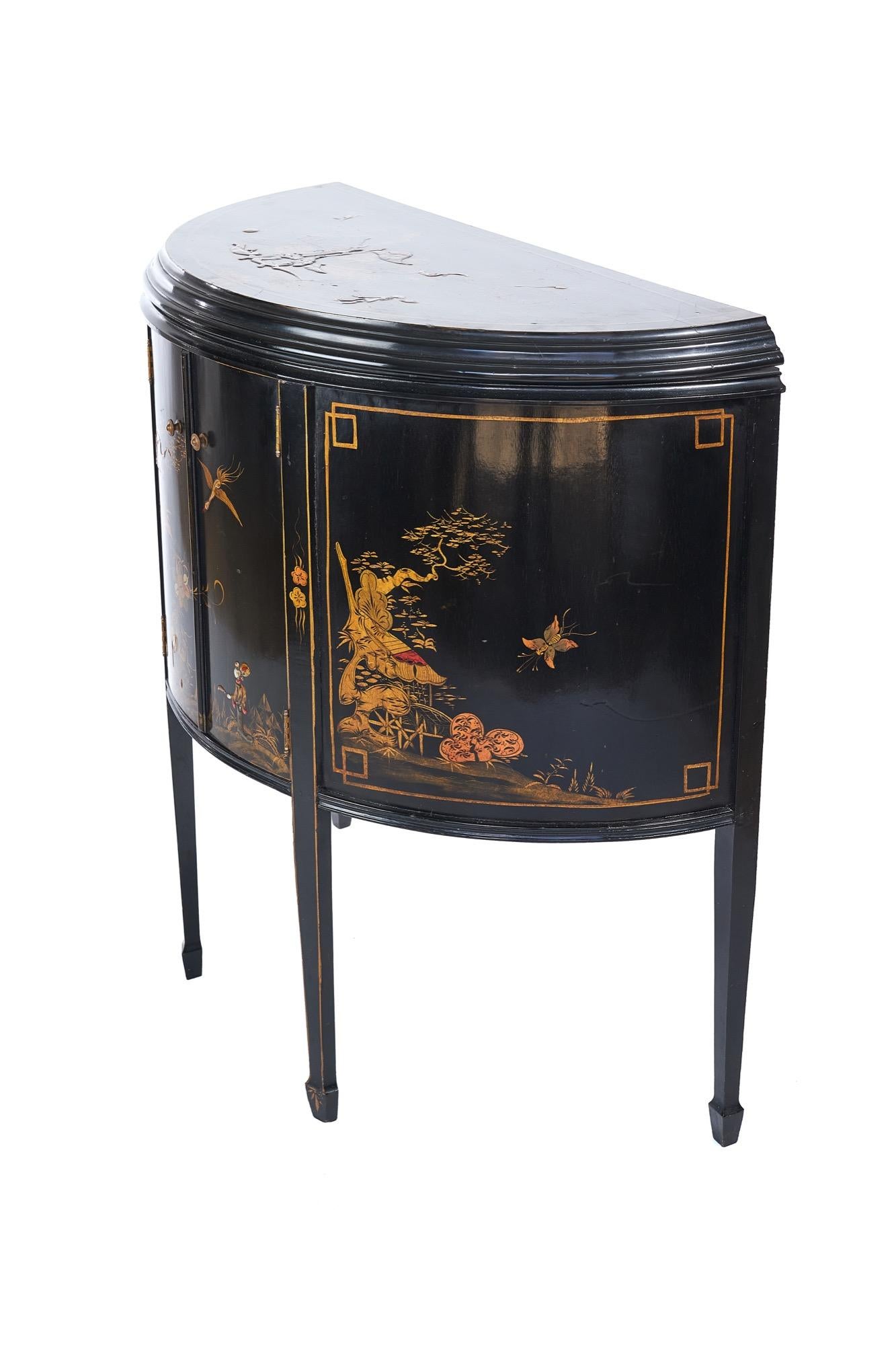 Antique Chinoiserie Decorated Demi Lune Shaped Two Door Side Cabinet 2