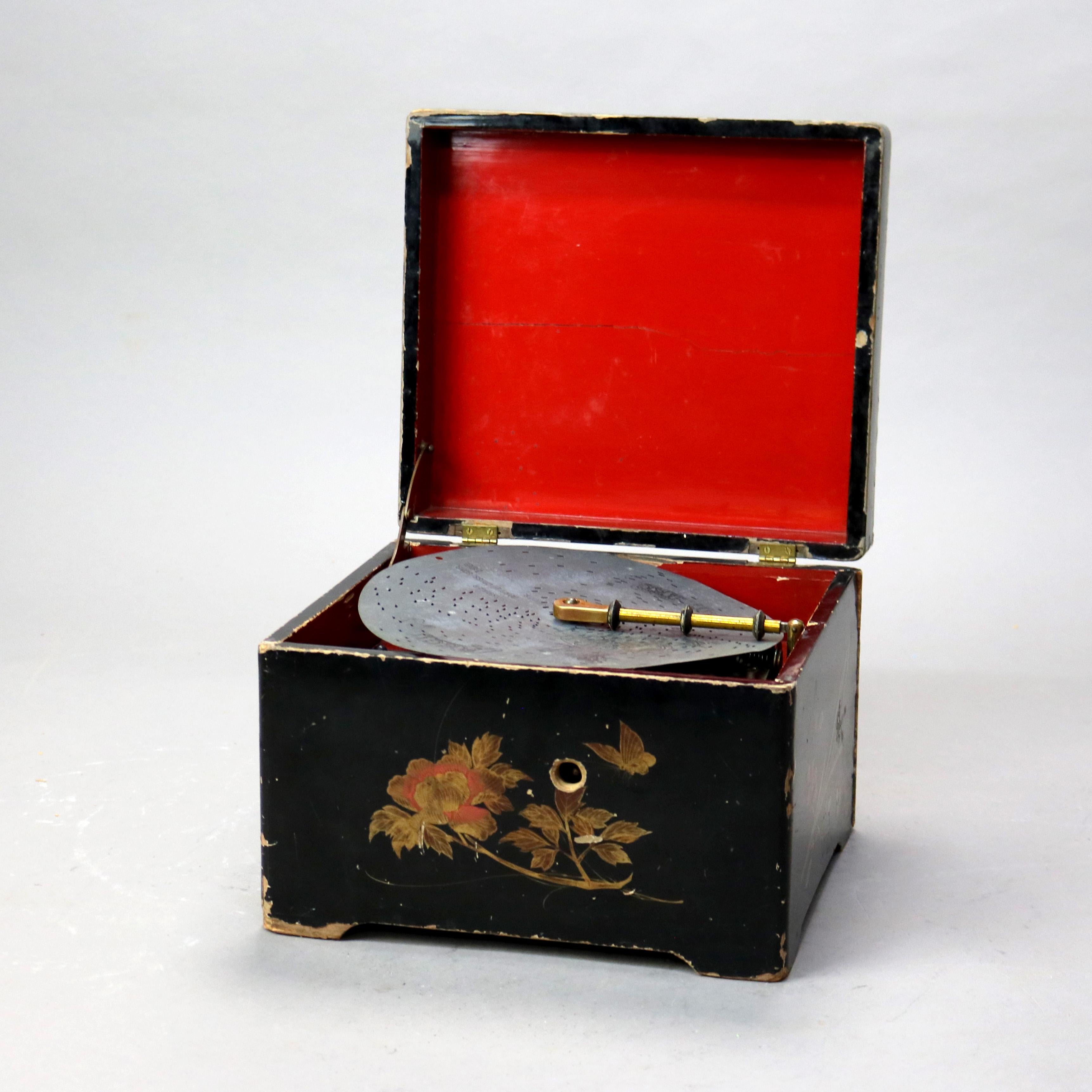 Antique Chinoiserie Decorated Ebonized Disc Music Box C1890 In Good Condition In Big Flats, NY