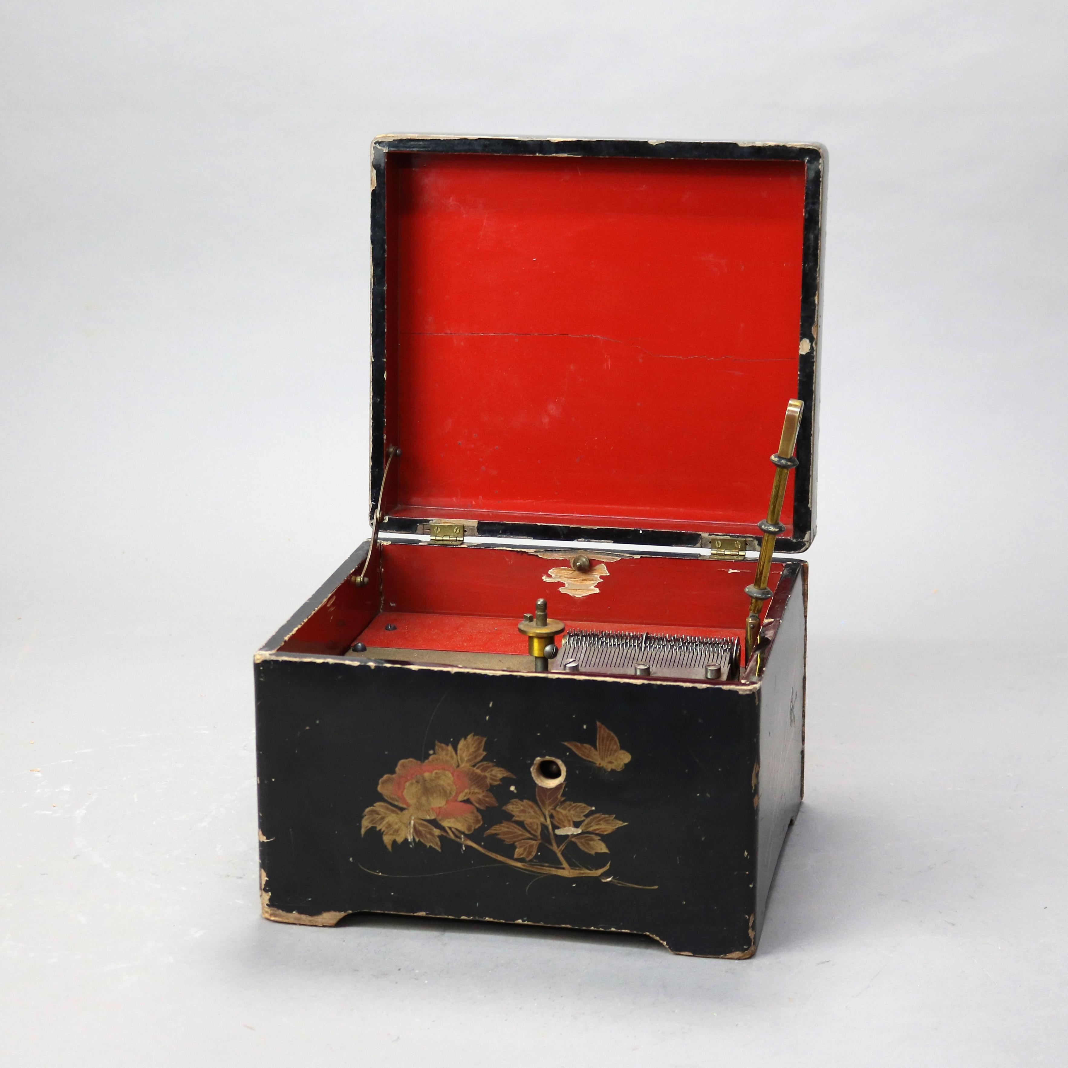 Wood Antique Chinoiserie Decorated Ebonized Disc Music Box C1890