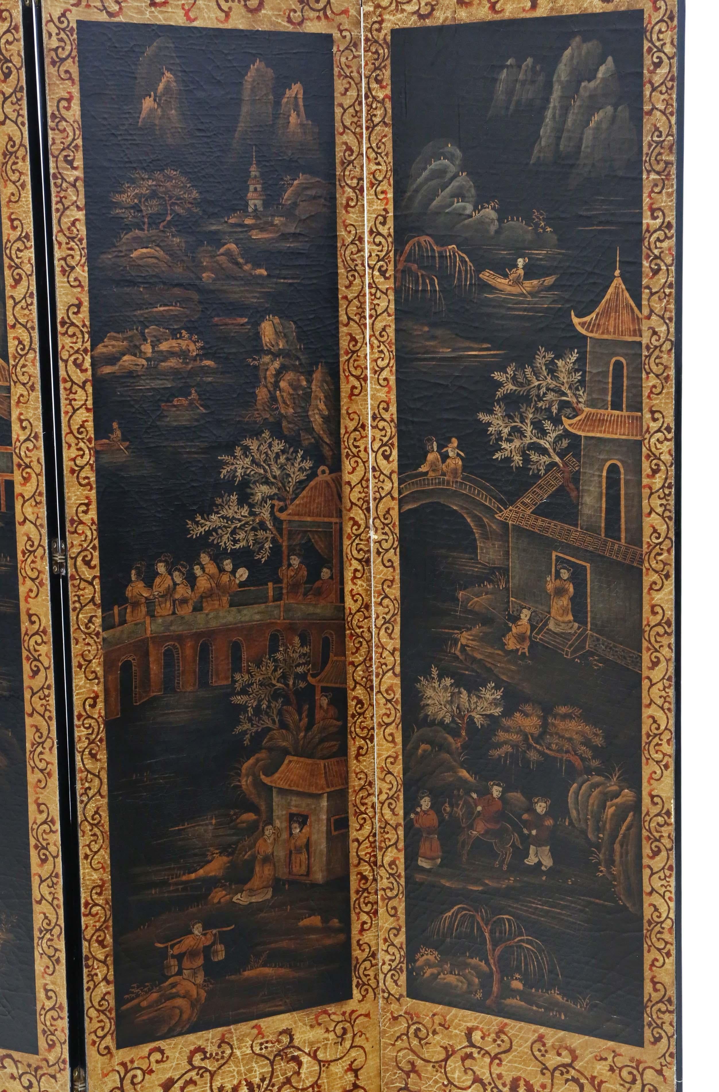Chinoiserie circa 1915 dressing screen room divider. A very rare find.
Would look amazing in the right location, very old with a lovely age, color and patina. No woodworm.
Overall maximum dimensions: 4 panels 46cm wide, 186cm high, 2.5cm thick.